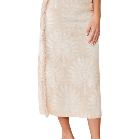 Spartina 449 Kade Linen Midi Skirt Callawassie Palmetto Tan Fringe Size 4 - Picture 1 of 7